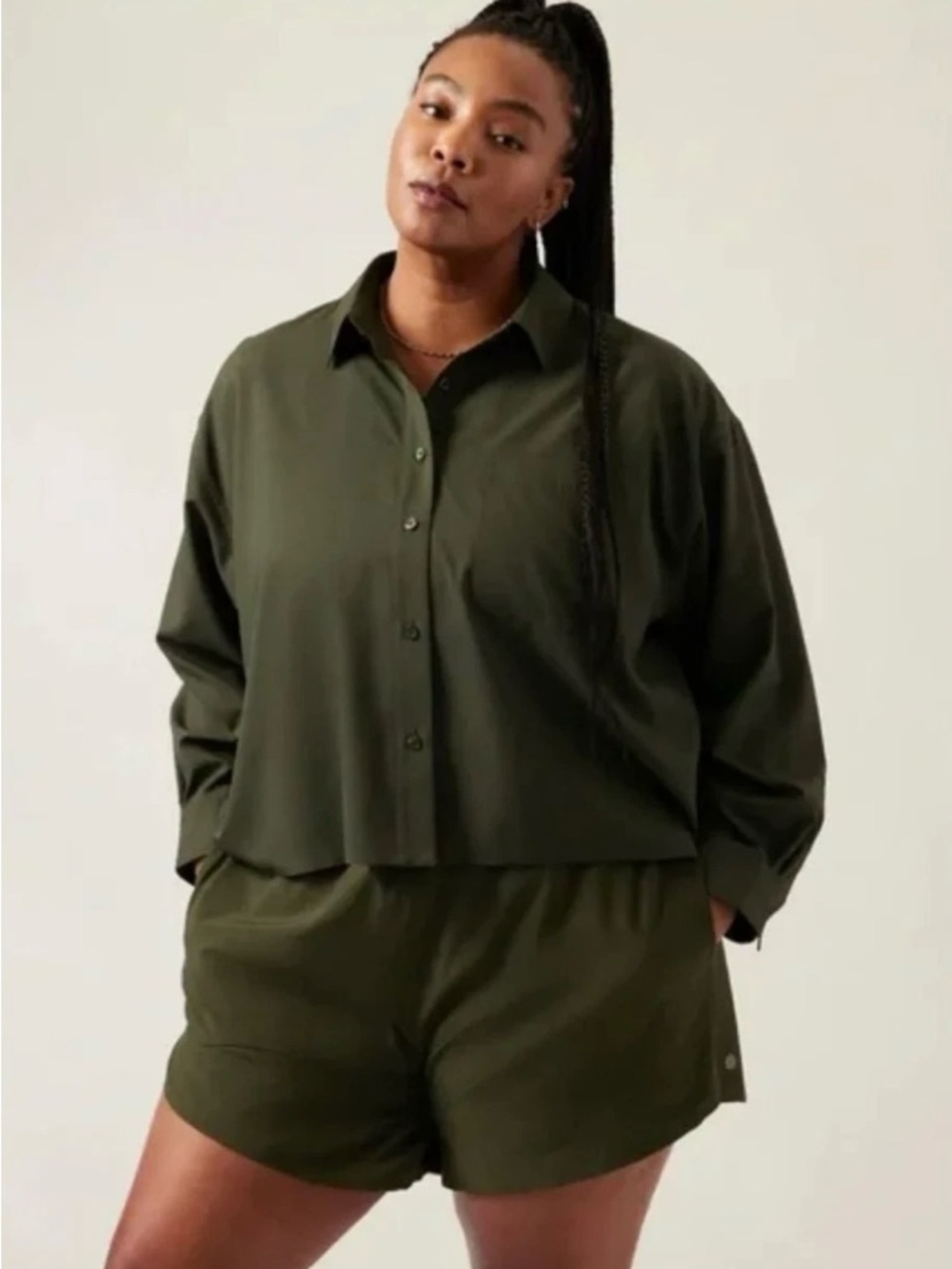 Athleta Aspen Green Cropped Stretch Tech Women’s Button Up Shirt Sz L